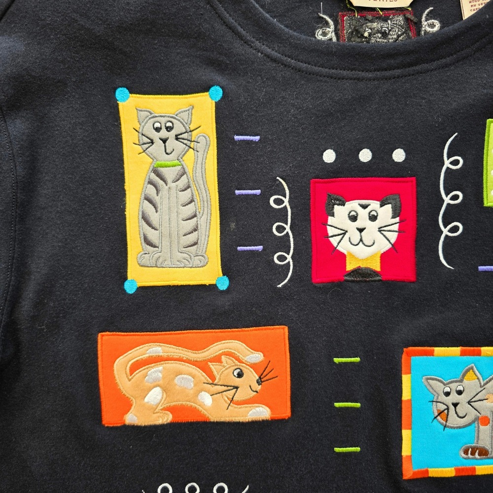 Vintage Wearable Art Cat Shirt Size L Embroidered 90s Mom Colorful Cottagecore - Picture 7 of 14